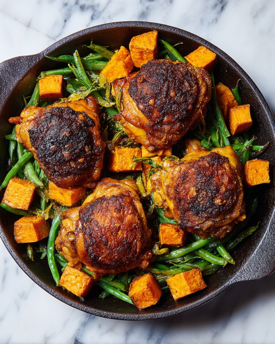 One Pan Maple Mustard Chicken with Sweet Potatoes and Green Beans Recipe - Recipe Image