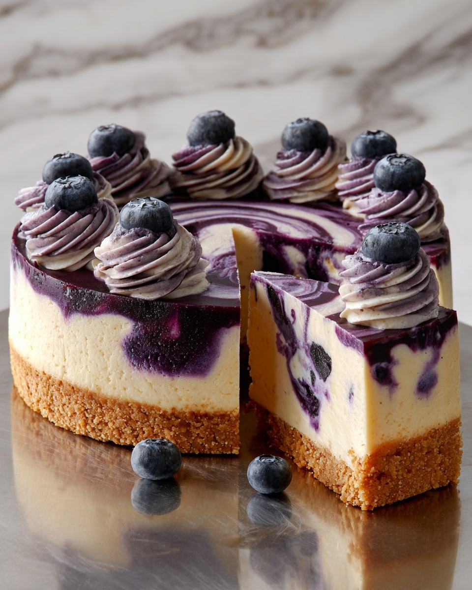 Elegant White Chocolate Blueberry Swirl Cheesecake Recipe - Recipe Image