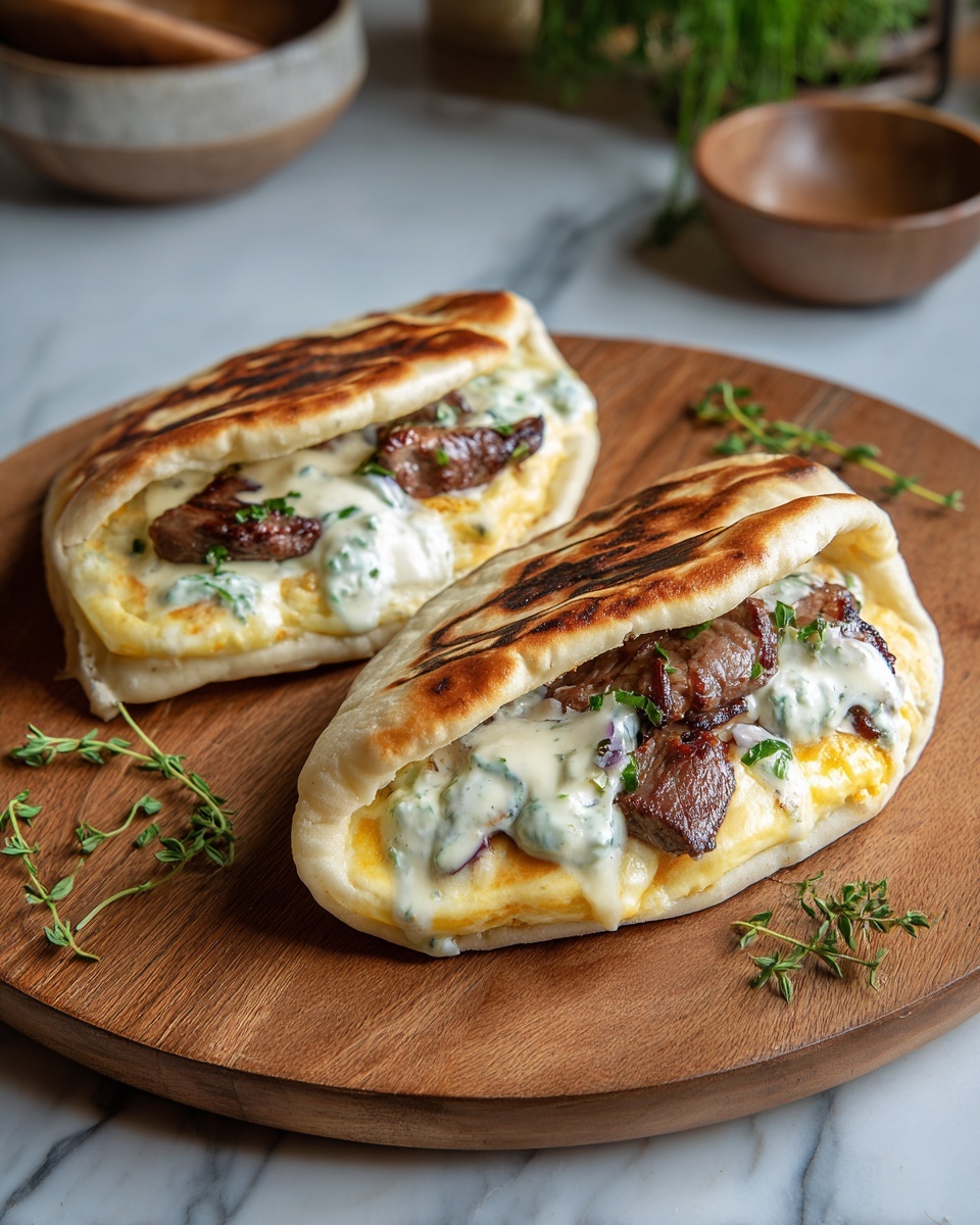 Cheesy Beef and Mushroom Pita Pockets with Tzatziki Sauce Recipe - Recipe Image