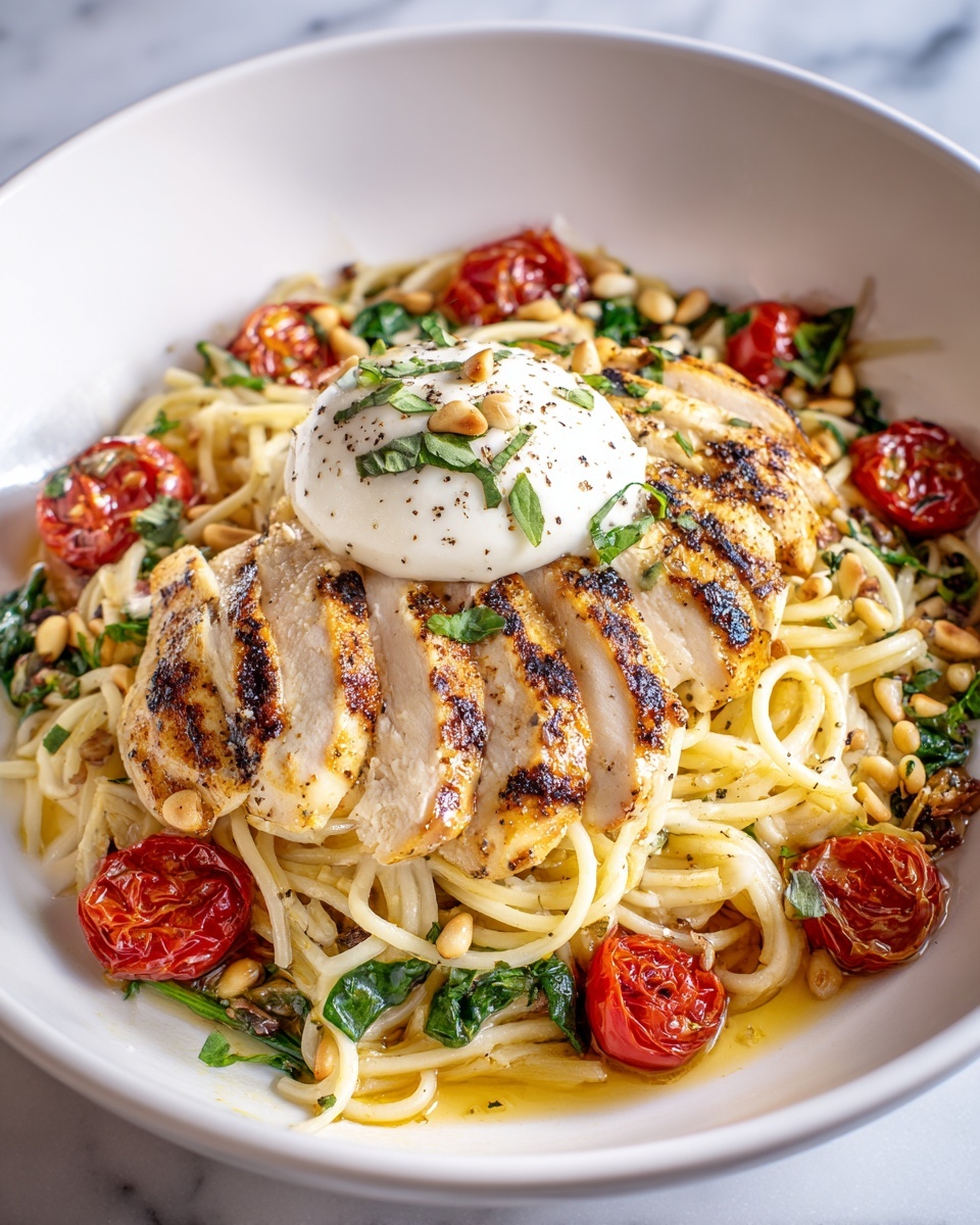 Chicken Spaghetti with Burrata and Lemon Butter Garlic Sauce Recipe - Recipe Image