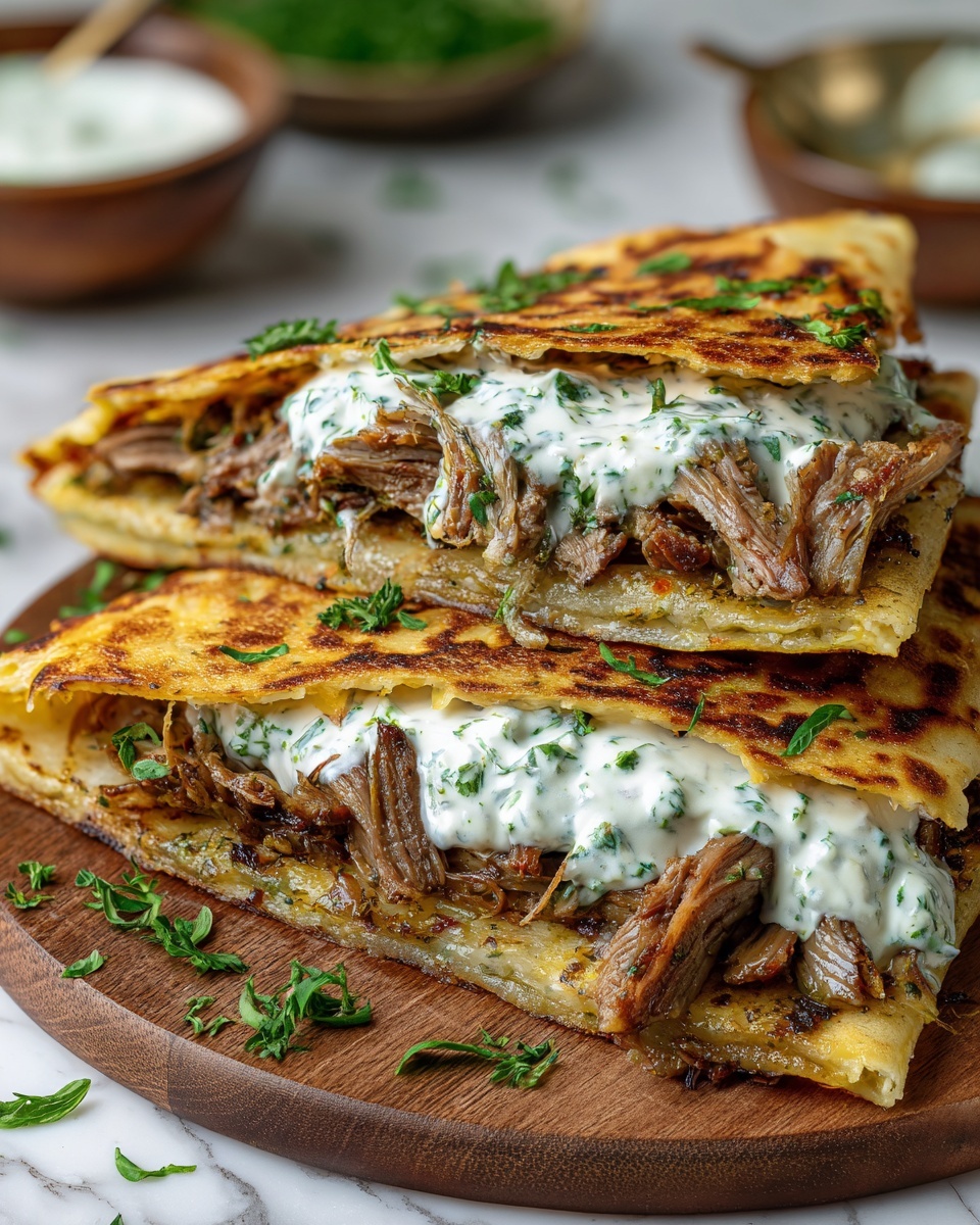 Cheesy Beef and Mushroom Pita Pockets with Tzatziki Sauce Recipe - Recipe Image