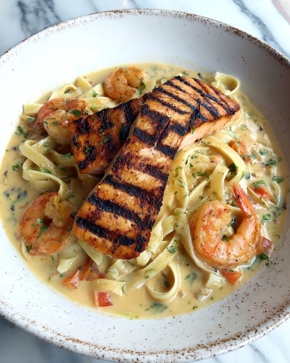 Grilled Salmon & Shrimp Fettuccine Alfredo Recipe - Recipe Image