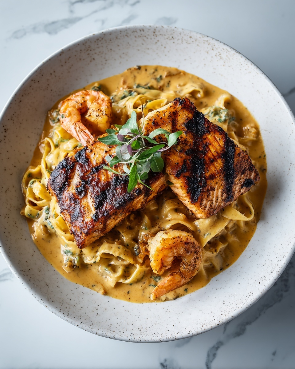 Grilled Salmon & Shrimp Fettuccine Alfredo Recipe - Recipe Image
