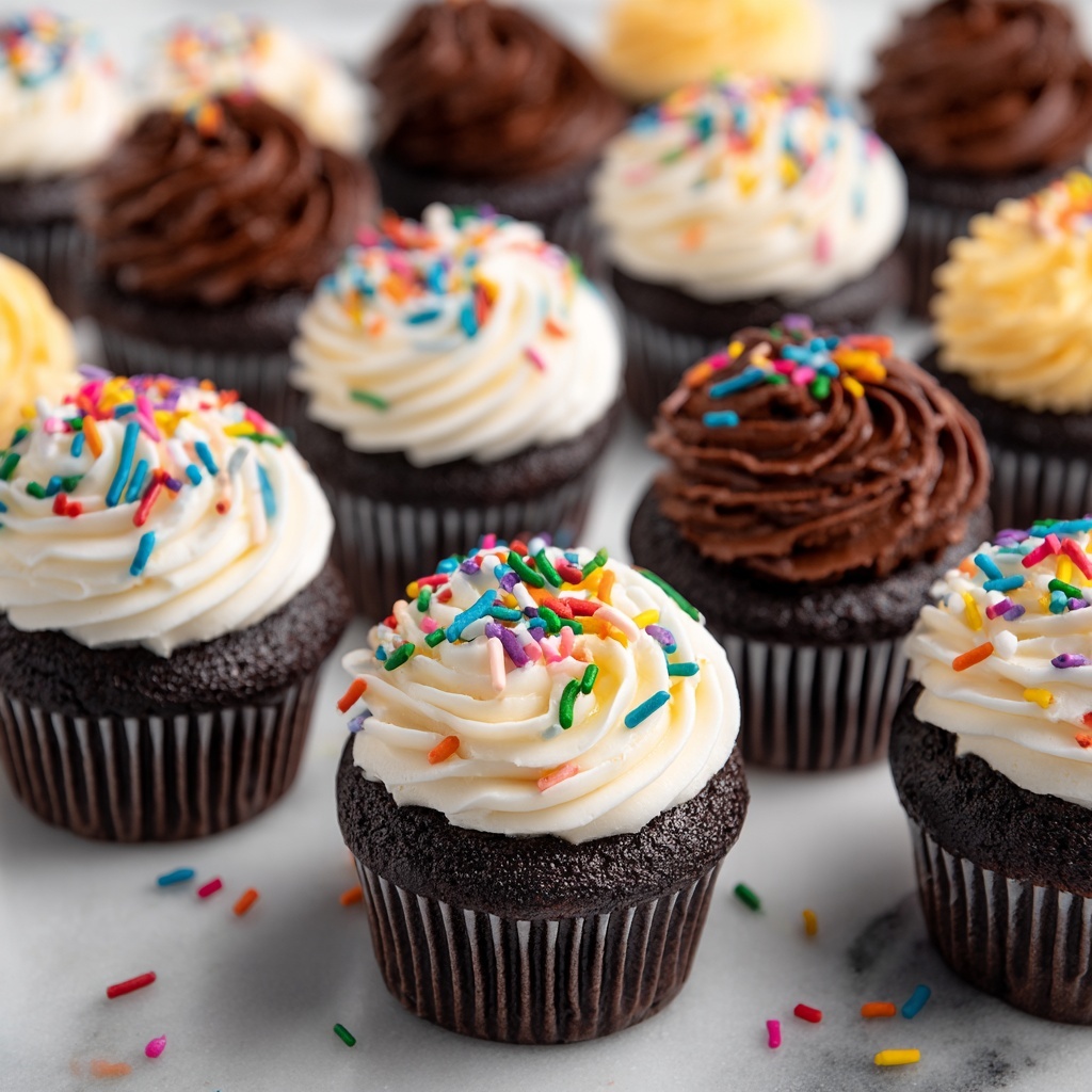 Mini Vanilla and Chocolate Cupcakes with Buttercream Frostings Recipe - Recipe Image