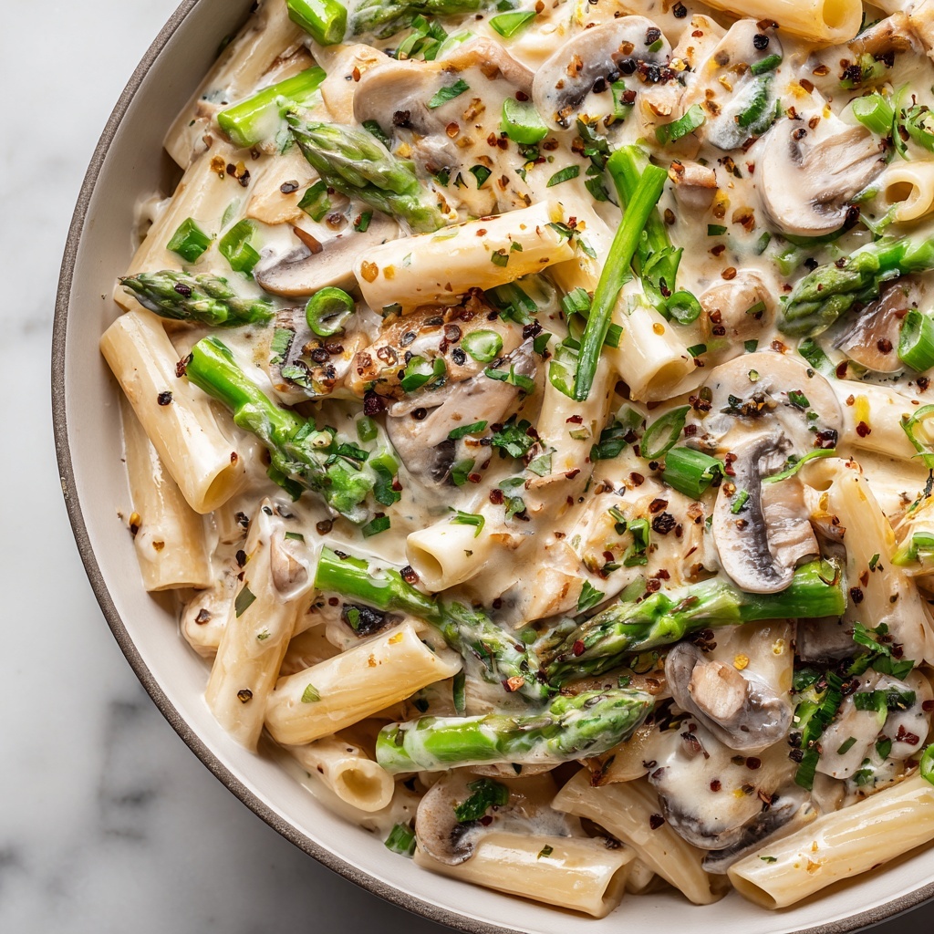 Creamy Mushroom and Asparagus Chicken Penne Recipe - Recipe Image