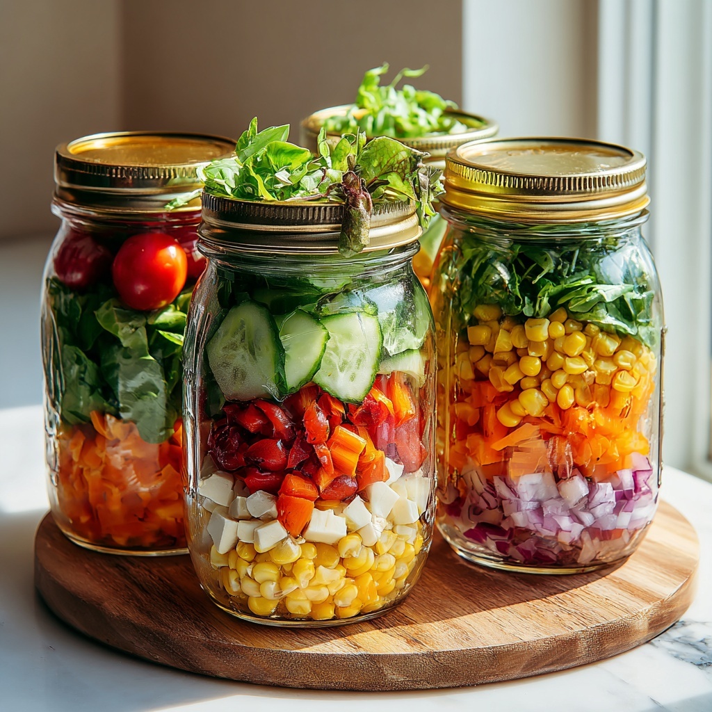 Colorful Meal Prep Salad Jars with Greens, Veggies, and Protein Recipe - Recipe Image