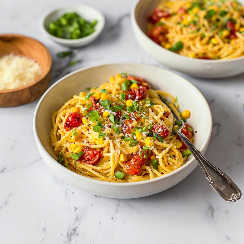 Pasta with Cherry Tomatoes, Roasted Red Peppers, and Corn Recipe - Recipe Image