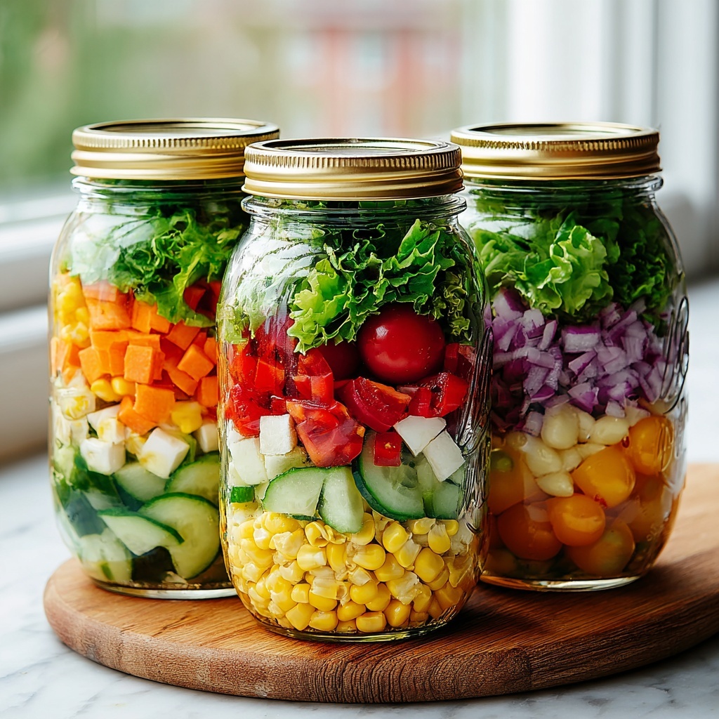 Colorful Meal Prep Salad Jars with Greens, Veggies, and Protein Recipe - Recipe Image