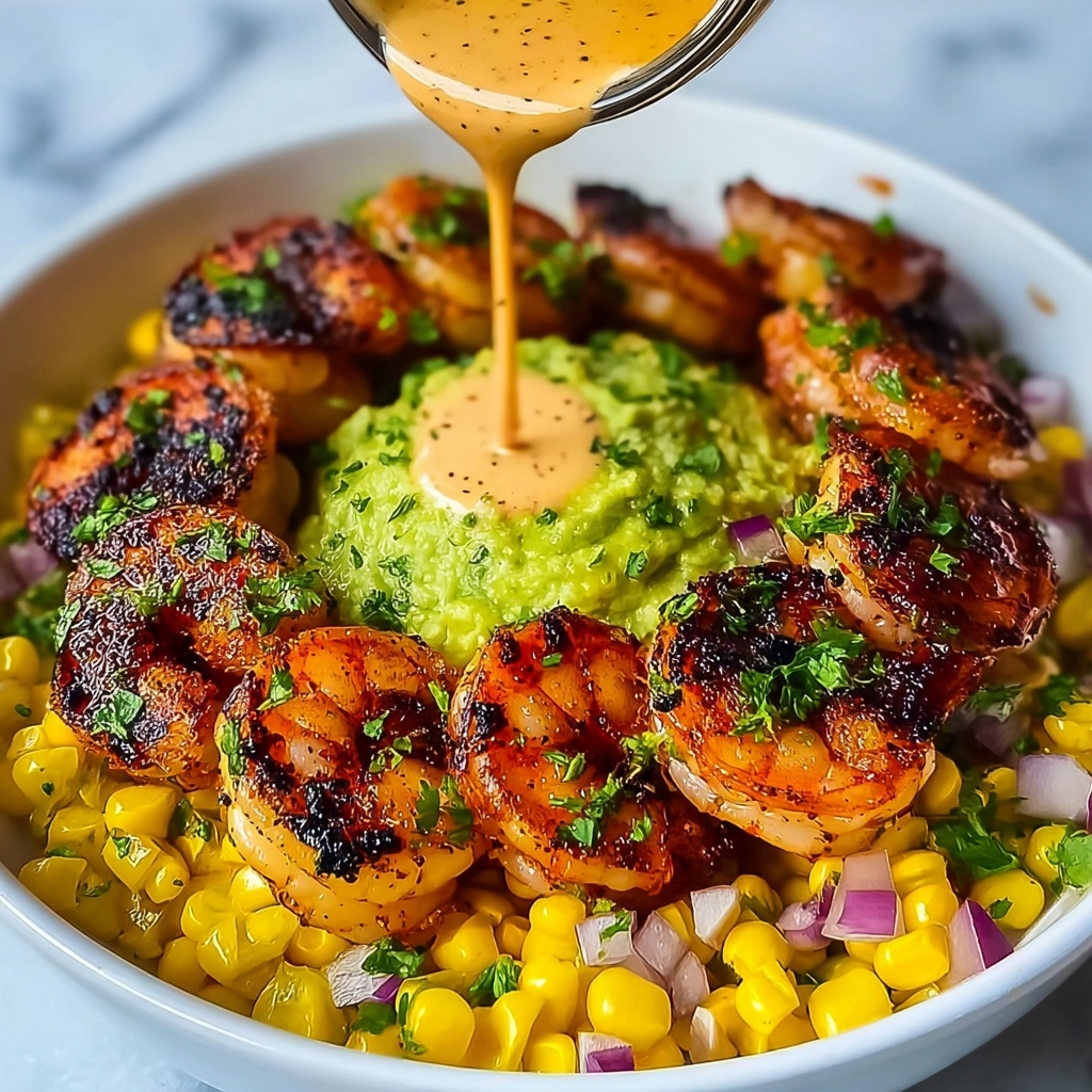 Grilled Shrimp Bowl with Avocado, Corn Salsa & Creamy Sauce Recipe - Recipe Image