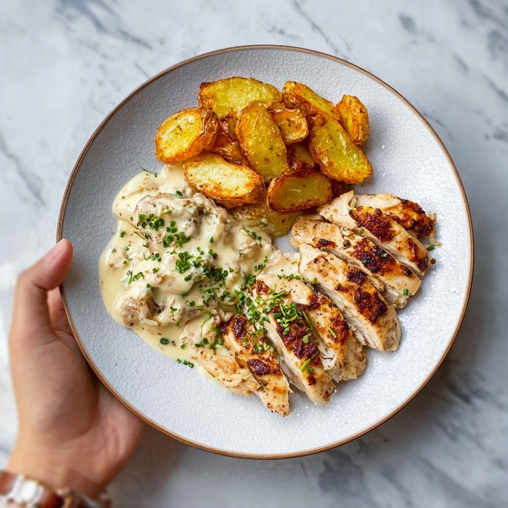 Lemon Herb Chicken Alfredo with Spicy Feta, Crispy Brussels & Parmesan Wedges Recipe - Recipe Image
