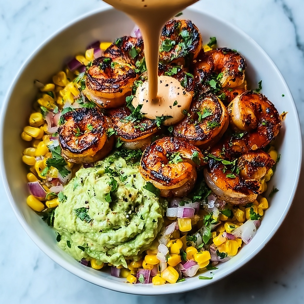 Grilled Shrimp Bowl with Avocado, Corn Salsa & Creamy Sauce Recipe - Recipe Image