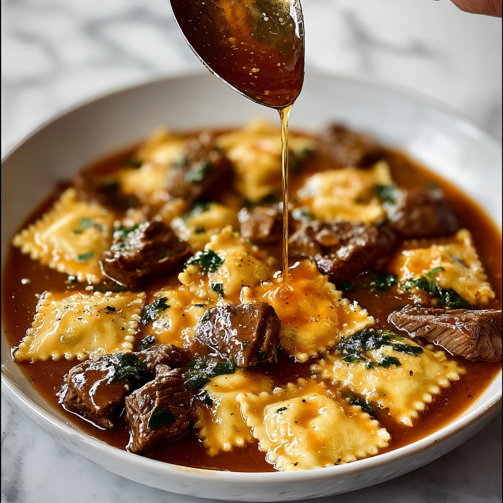 One-Skillet Garlic Butter Steak & Cheese Ravioli Recipe - Recipe Image