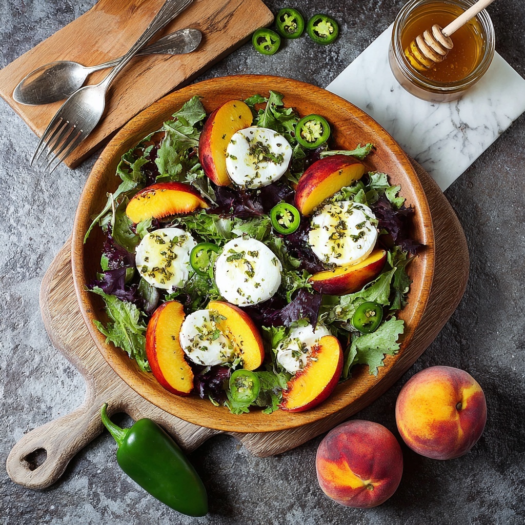 Peach and Burrata Salad with Candied Jalapenos and Honey Lime Vinaigrette Recipe - Recipe Image