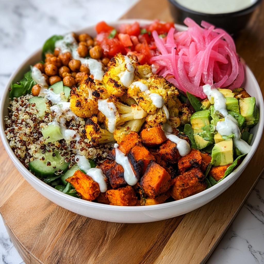 Roasted Cauliflower, Sweet Potato, and Chickpea Bowl with Tzatziki and Tahini Recipe - Recipe Image