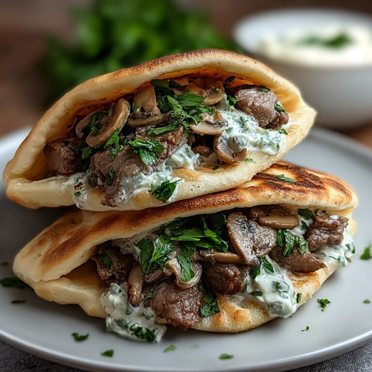 Cheesy Beef and Mushroom Pita Pockets with Tzatziki Sauce Recipe
