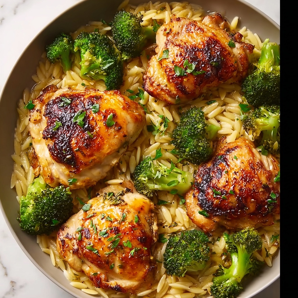 Skillet Chicken Thighs with Broccoli and Orzo Recipe - Recipe Image