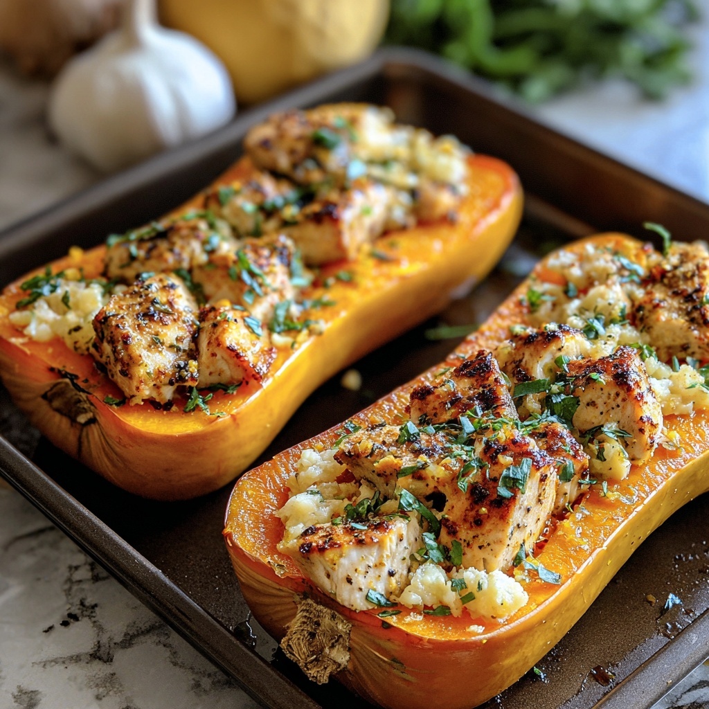 Sweet and Savory Honey Roasted Butternut Squash Stuffed with Chicken Recipe - Recipe Image