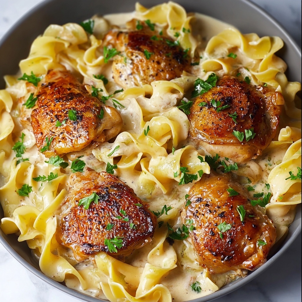 One-Pan Creamy Garlic Butter Chicken with Egg Noodles Recipe - Recipe Image
