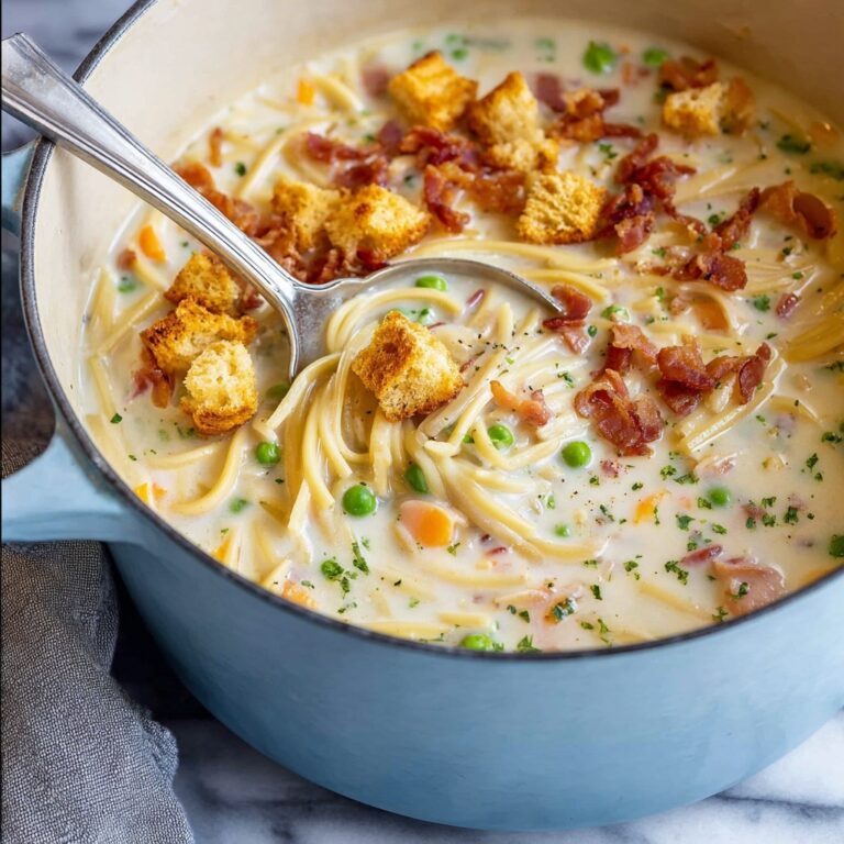 Creamy Chicken Noodle Soup with Mini Croutons Recipe