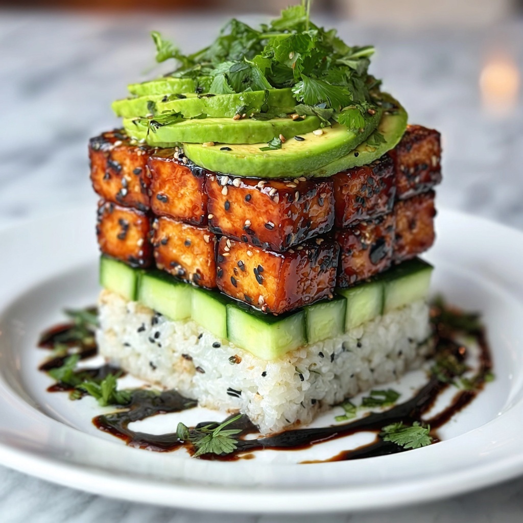 Crispy Teriyaki Tofu and Avocado Rice Stack Recipe - Recipe Image