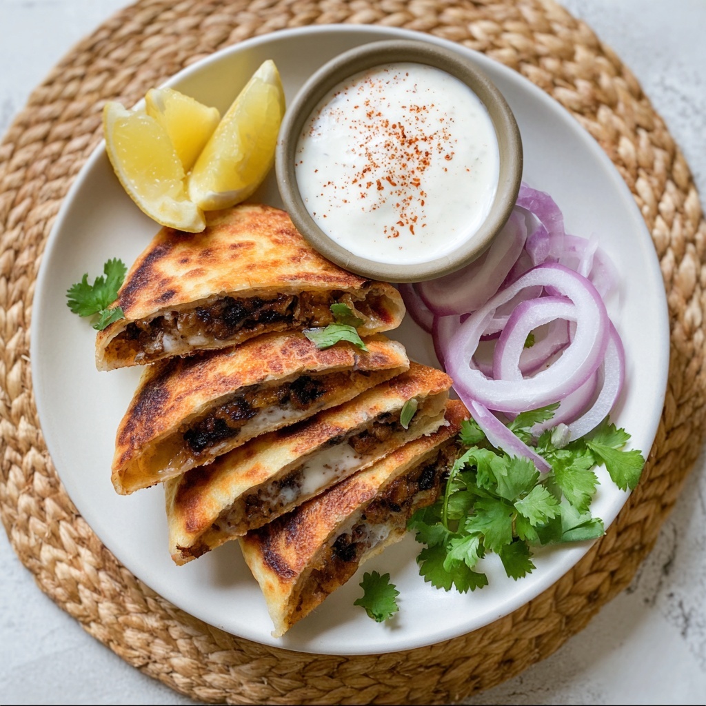 Stuffed Beef or Lamb Pitas (Arayes) with Garlic-Tahini Dip and Pickled Red Onion Recipe - Recipe Image