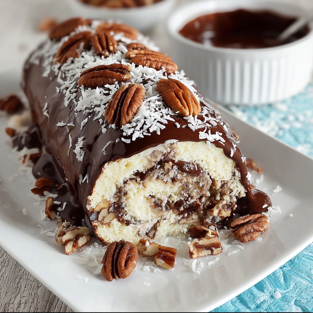 Decadent German Chocolate Coconut Pecan Roll Cake Recipe - Recipe Image