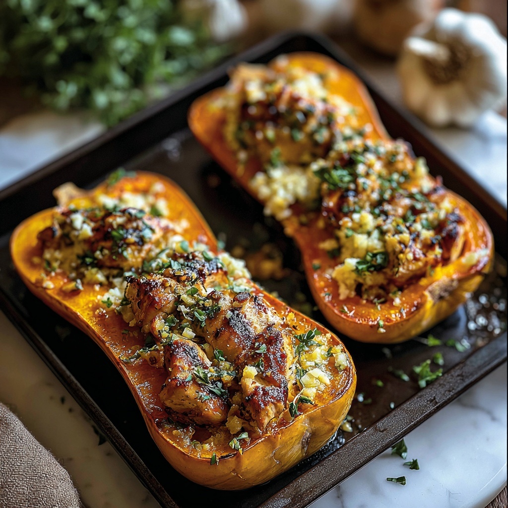 Sweet and Savory Honey Roasted Butternut Squash Stuffed with Chicken Recipe - Recipe Image