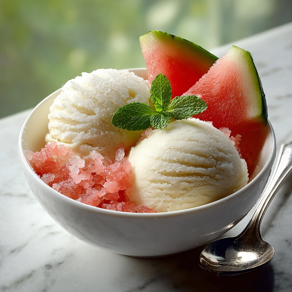 Fresh Mint Ice Cream with Salted Watermelon Granita Recipe - Recipe Image
