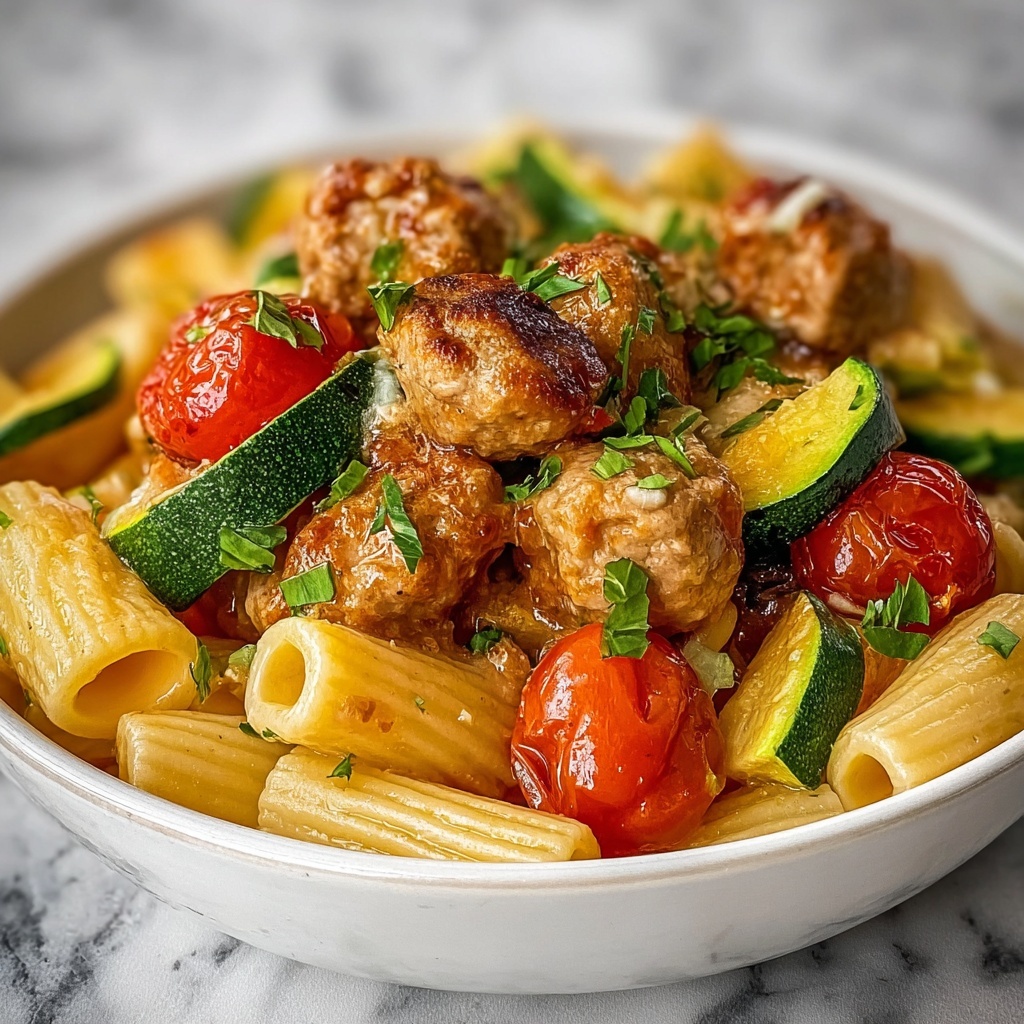Chicken Sausages with Zucchini, Tomatoes, and Pasta Recipe - Recipe Image