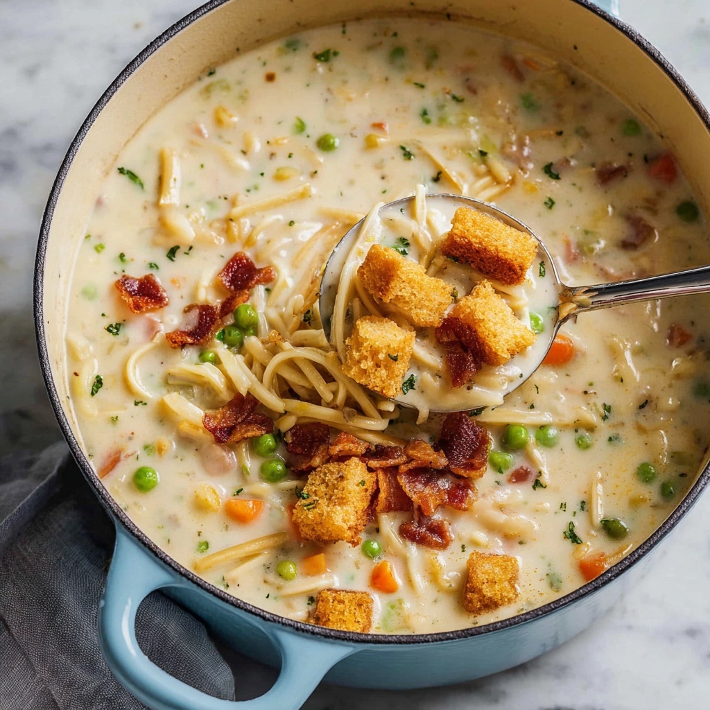 Creamy Chicken Noodle Soup with Mini Croutons Recipe - Recipe Image