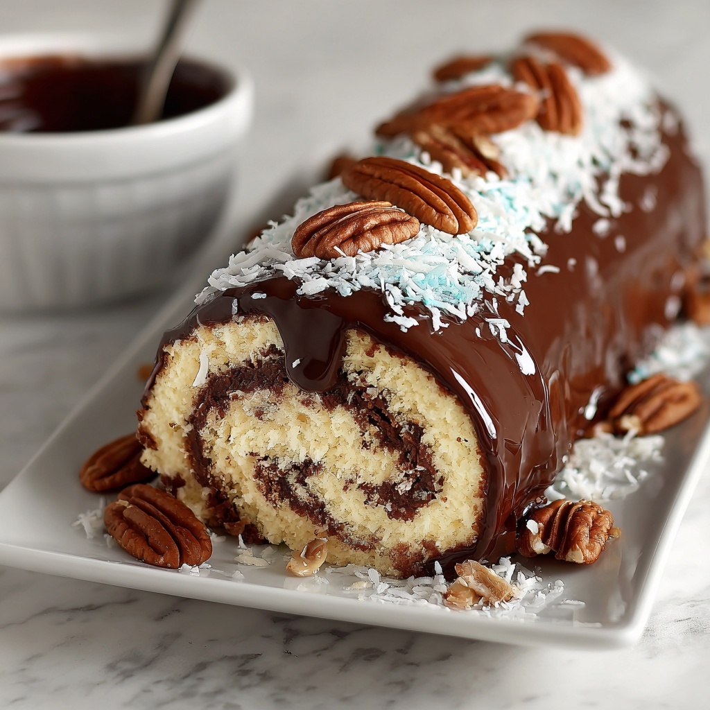 Decadent German Chocolate Coconut Pecan Roll Cake Recipe - Recipe Image