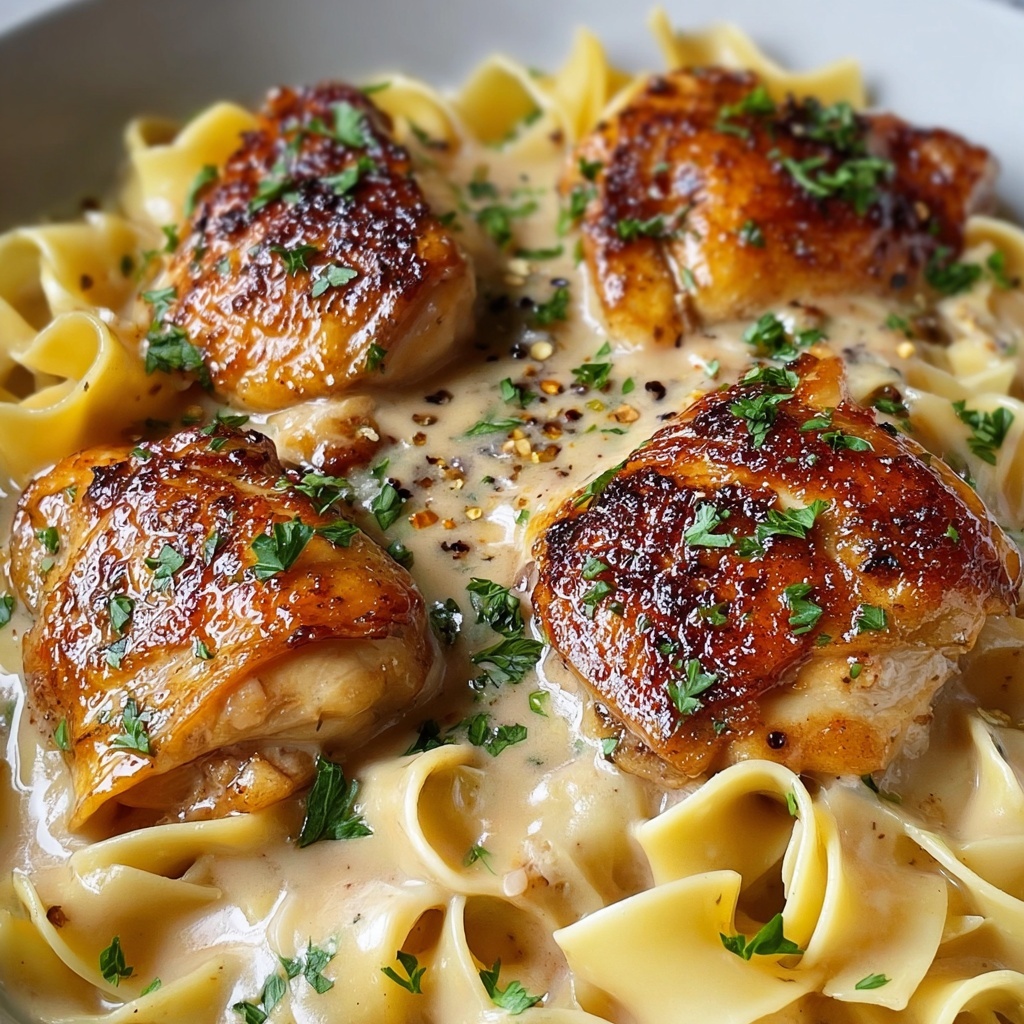 One-Pan Creamy Garlic Butter Chicken with Egg Noodles Recipe - Recipe Image