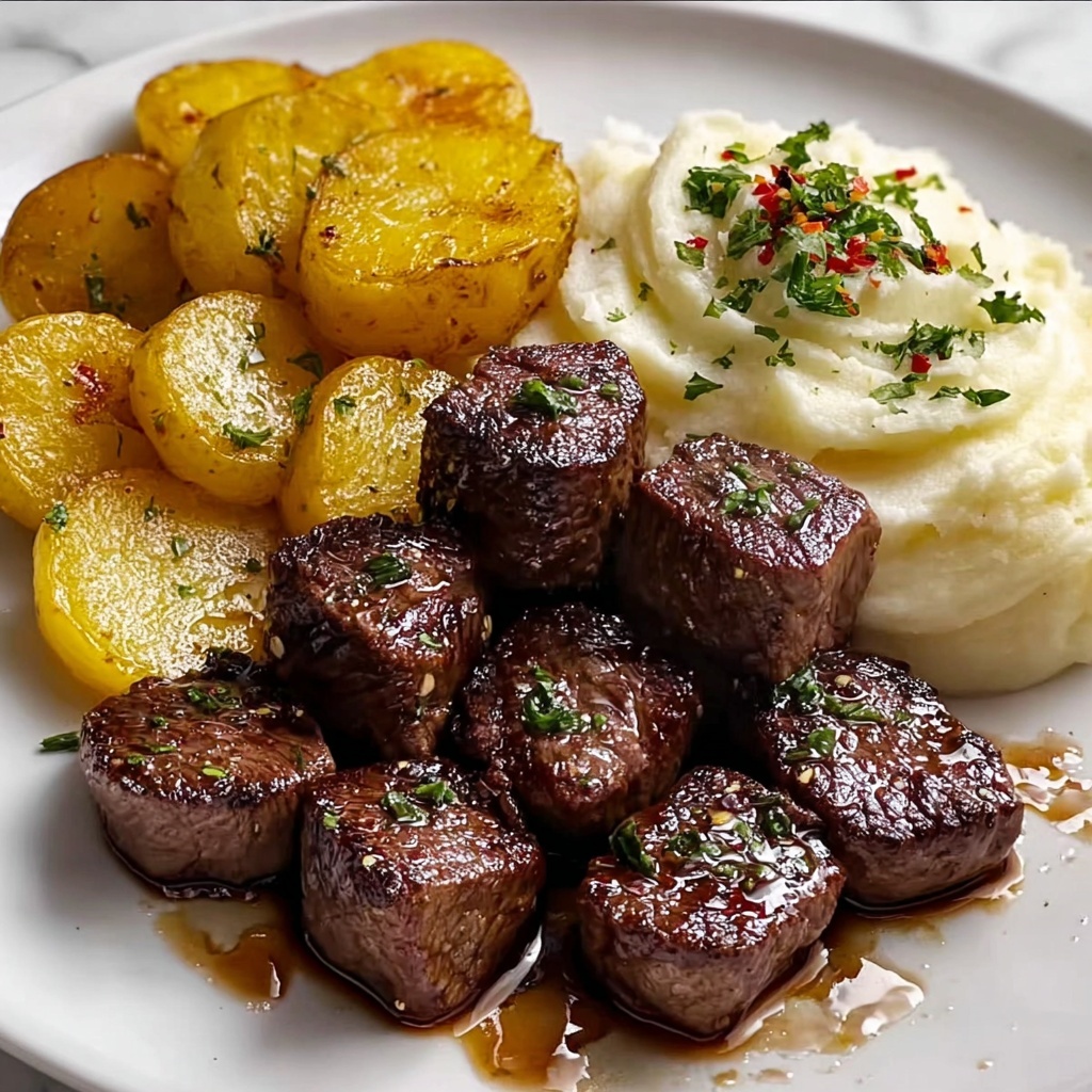 Garlic Butter Steak Bites with Cheesy Smashed Potatoes Recipe - Recipe Image