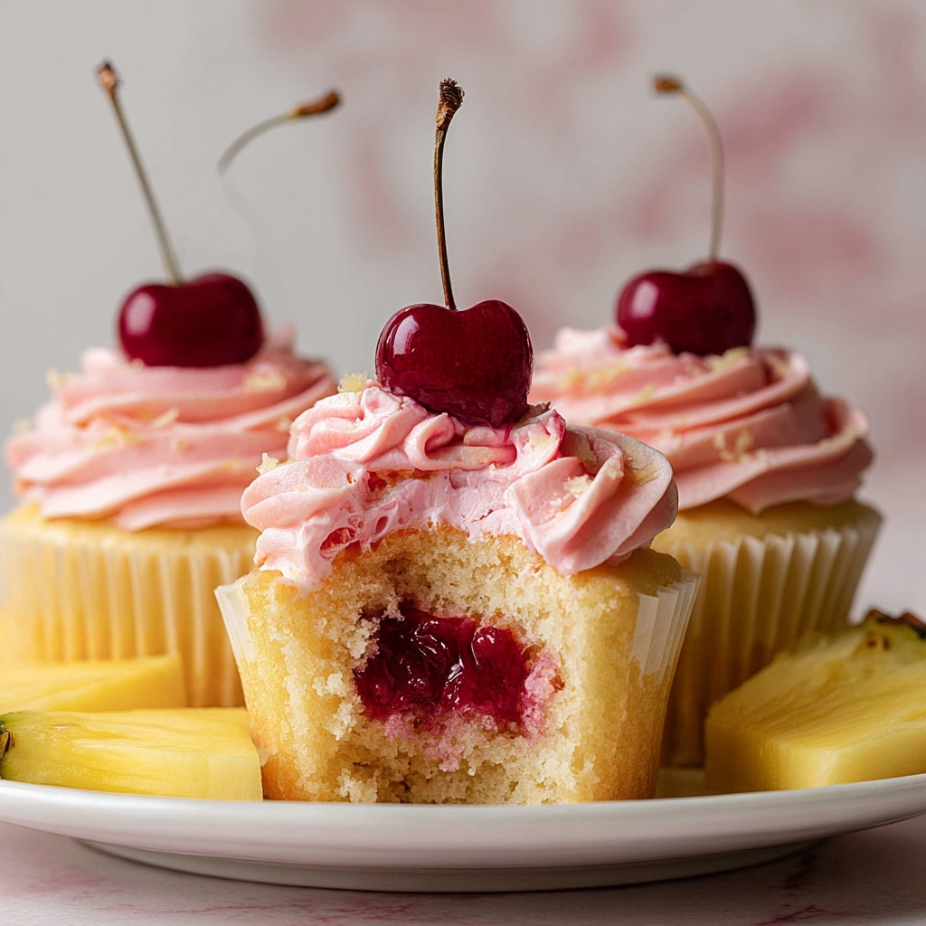 Pineapple Cupcakes with Cherry Frosting Recipe - Recipe Image