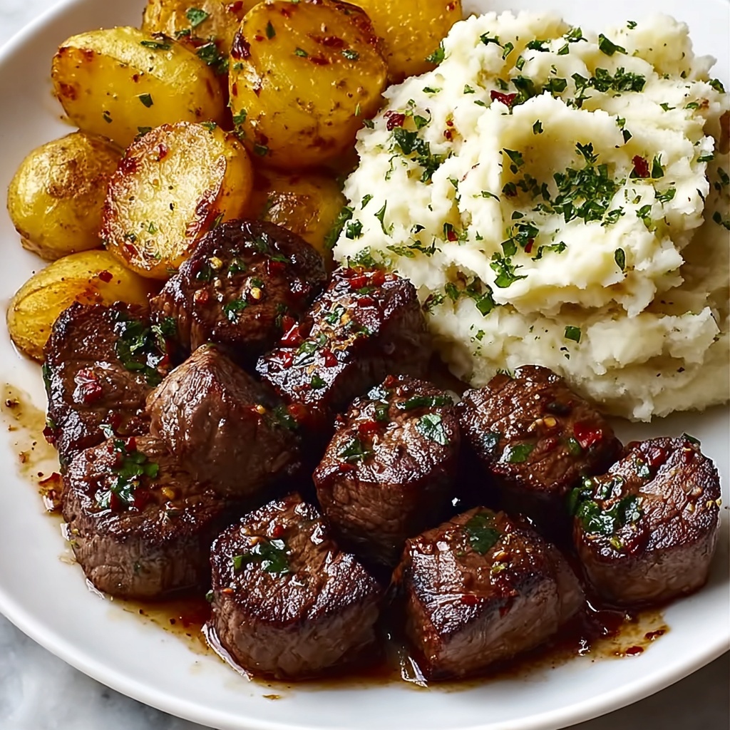 Garlic Butter Steak Bites with Cheesy Smashed Potatoes Recipe - Recipe Image
