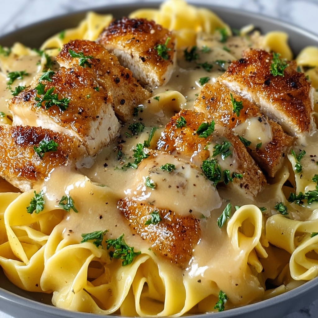 One-Pan Creamy Garlic Butter Chicken with Egg Noodles Recipe - Recipe Image