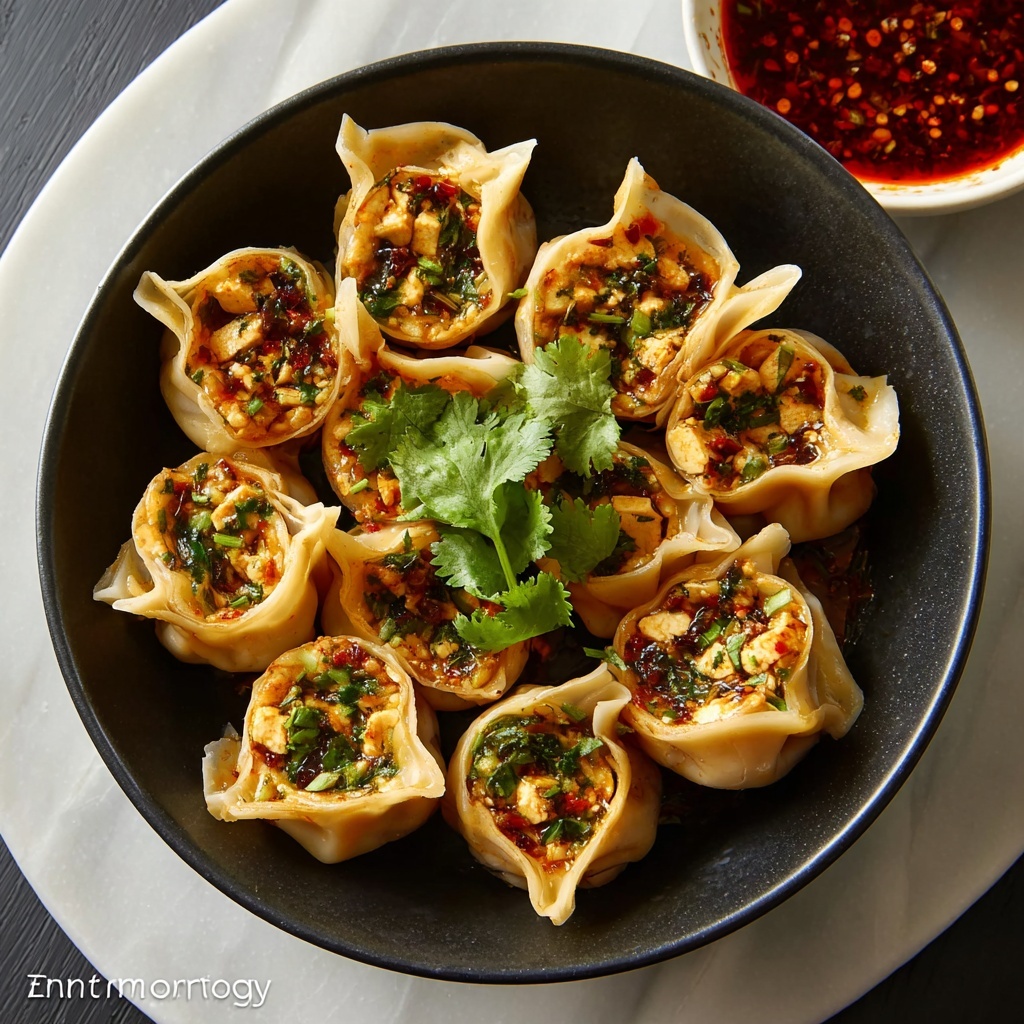 Savory Tofu and Vegetable Wontons with Spicy Dipping Sauce Recipe - Recipe Image