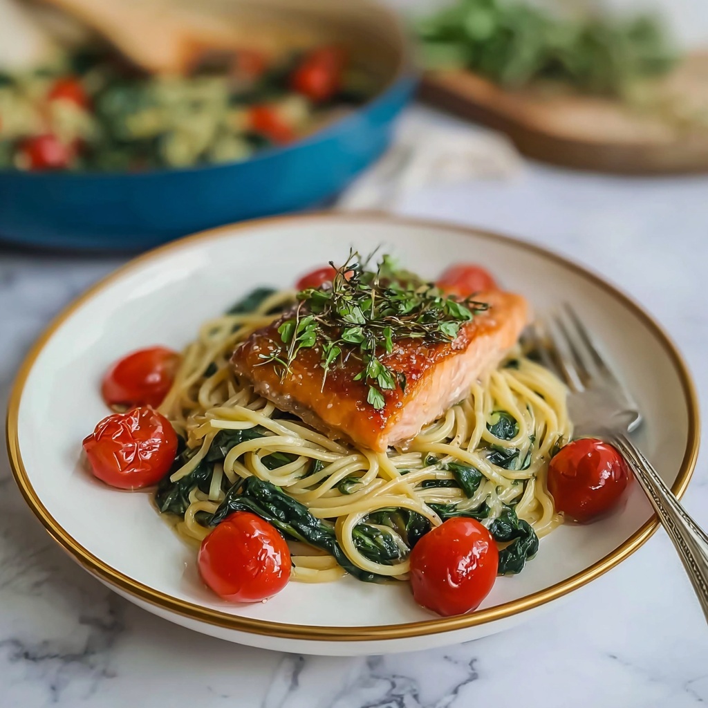 Healthy Creamy Tuscan Salmon Pasta Recipe - Recipe Image