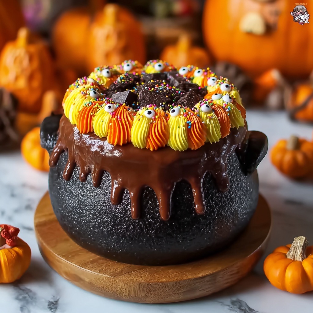 Pumpkin Spice Cauldron Cake with Chocolate Ganache and Festive Decorations Recipe - Recipe Image