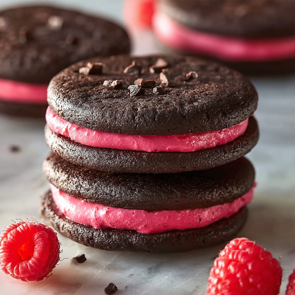 Chocolate Raspberry Sandwich Cookies with Ganache Drizzle Recipe - Recipe Image