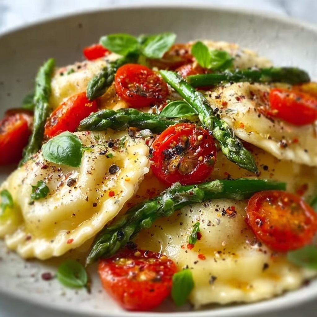Ravioli with Tomatoes, Asparagus, Garlic, and Herbs Recipe - Recipe Image
