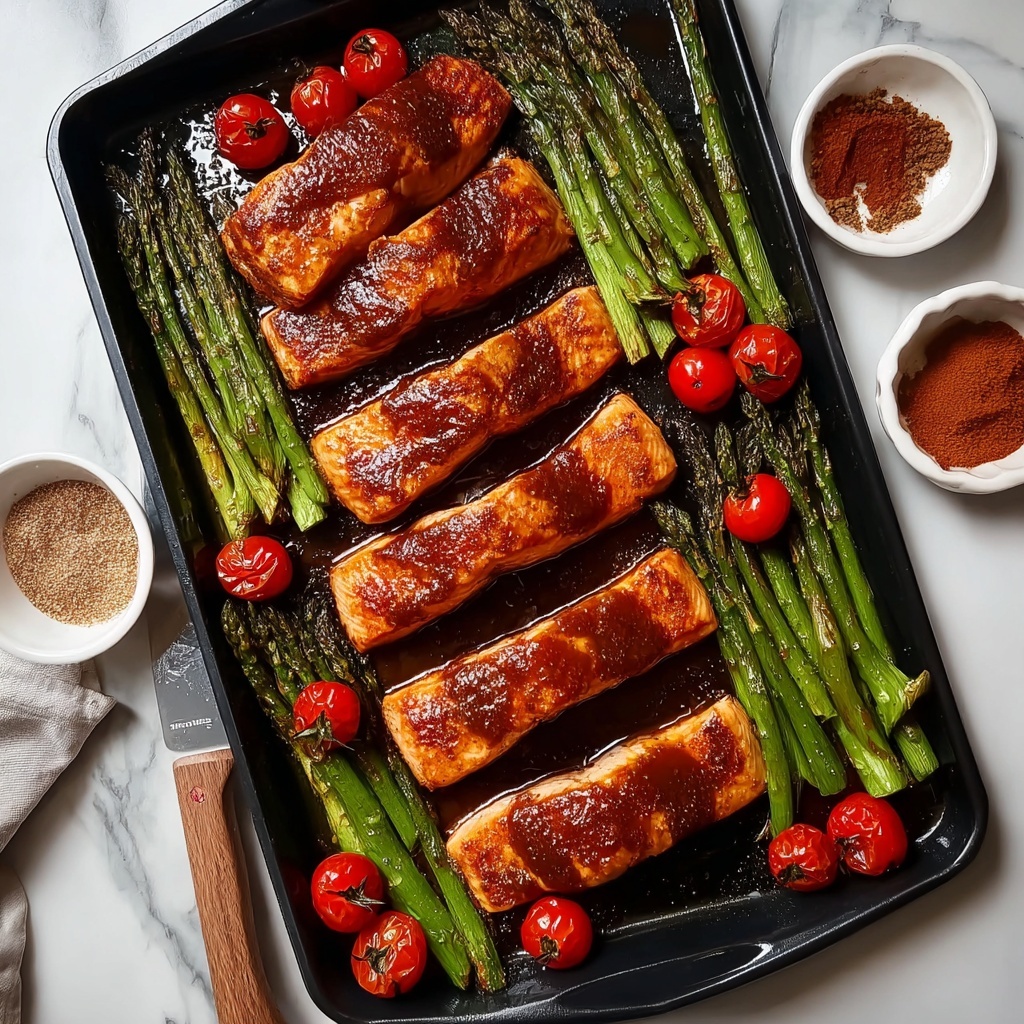 Brown Sugar Broiled Salmon with Asparagus, Broccolini, and Cherry Tomatoes Recipe - Recipe Image