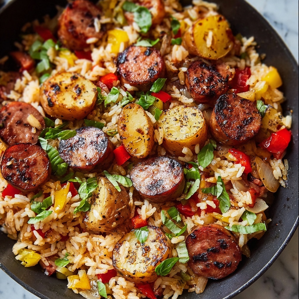 Summer Sausage Skillet with Andouille and Fresh Herb Crema Recipe - Recipe Image