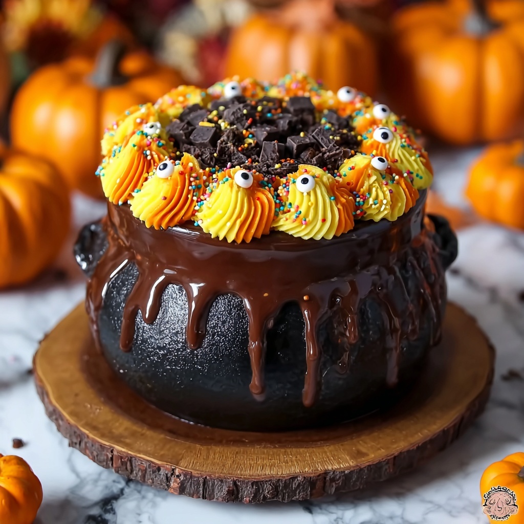 Pumpkin Spice Cauldron Cake with Chocolate Ganache and Festive Decorations Recipe - Recipe Image