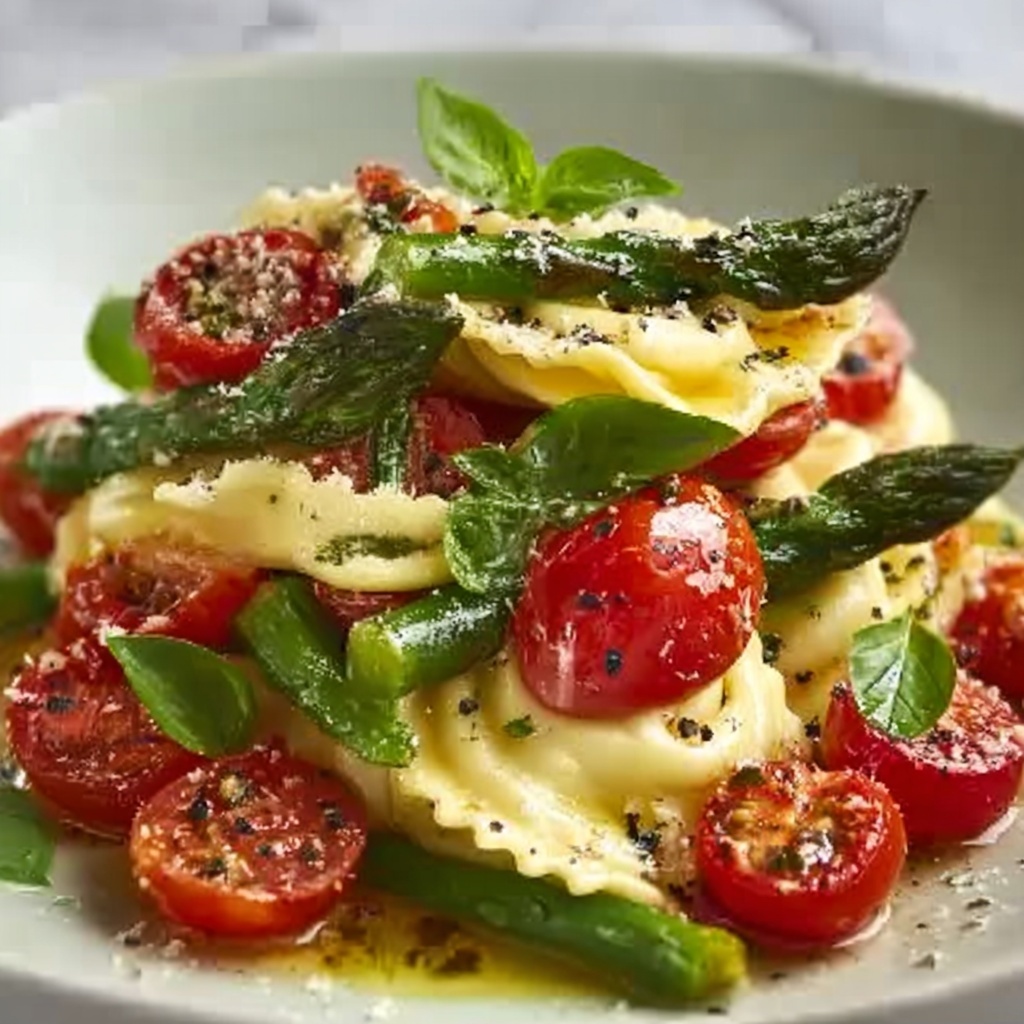 Ravioli with Tomatoes, Asparagus, Garlic, and Herbs Recipe - Recipe Image