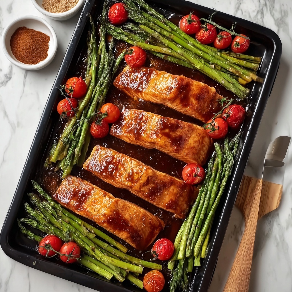 Brown Sugar Broiled Salmon with Asparagus, Broccolini, and Cherry Tomatoes Recipe - Recipe Image