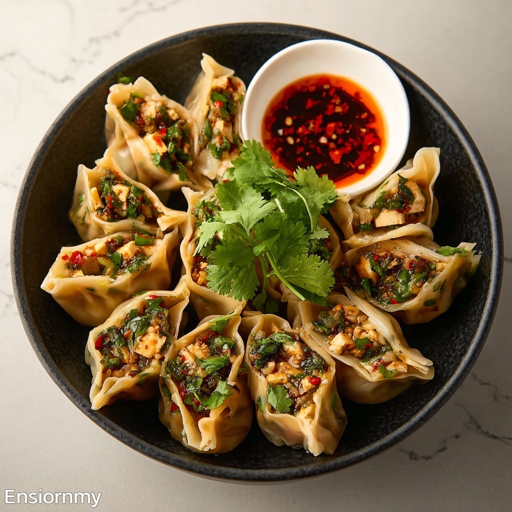 Savory Tofu and Vegetable Wontons with Spicy Dipping Sauce Recipe - Recipe Image