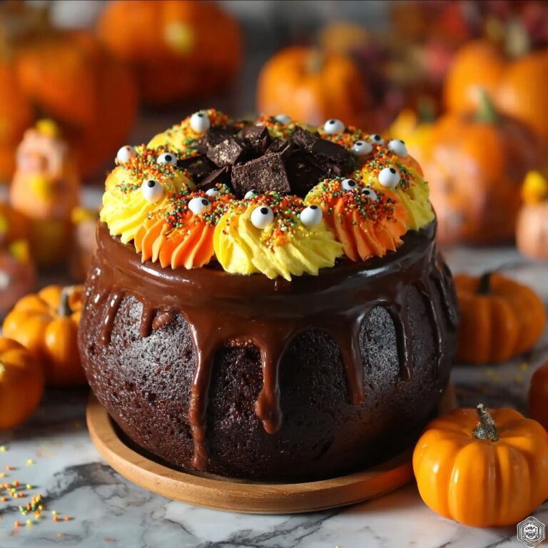 Pumpkin Spice Cauldron Cake with Chocolate Ganache and Festive Decorations Recipe