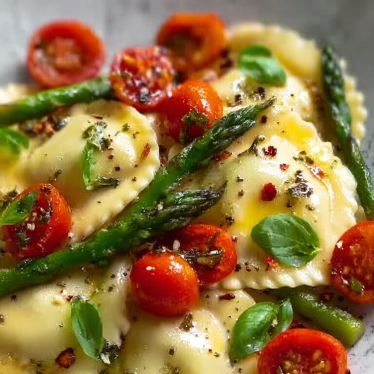 Ravioli with Tomatoes, Asparagus, Garlic, and Herbs Recipe
