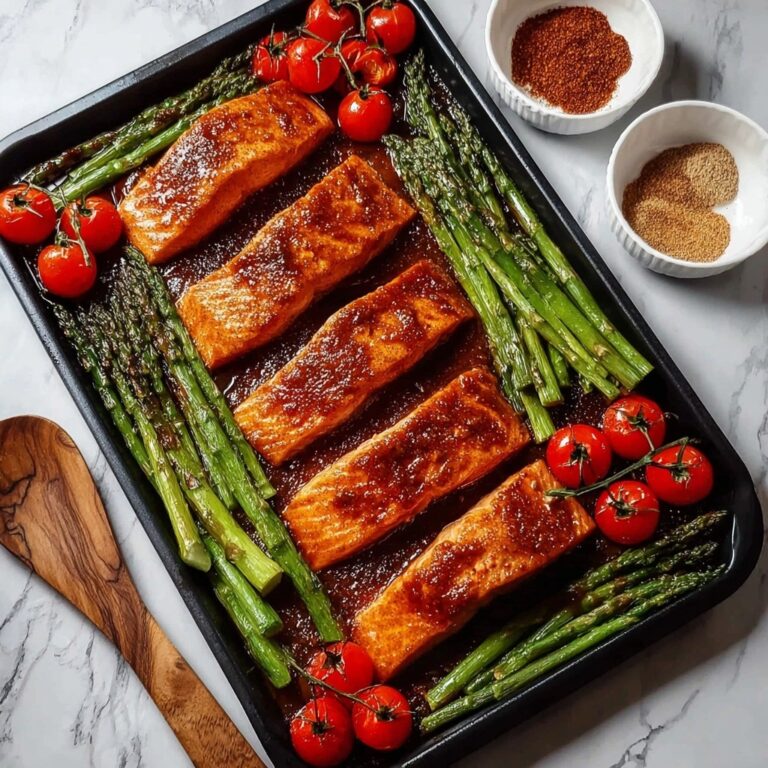 Brown Sugar Broiled Salmon with Asparagus, Broccolini, and Cherry Tomatoes Recipe